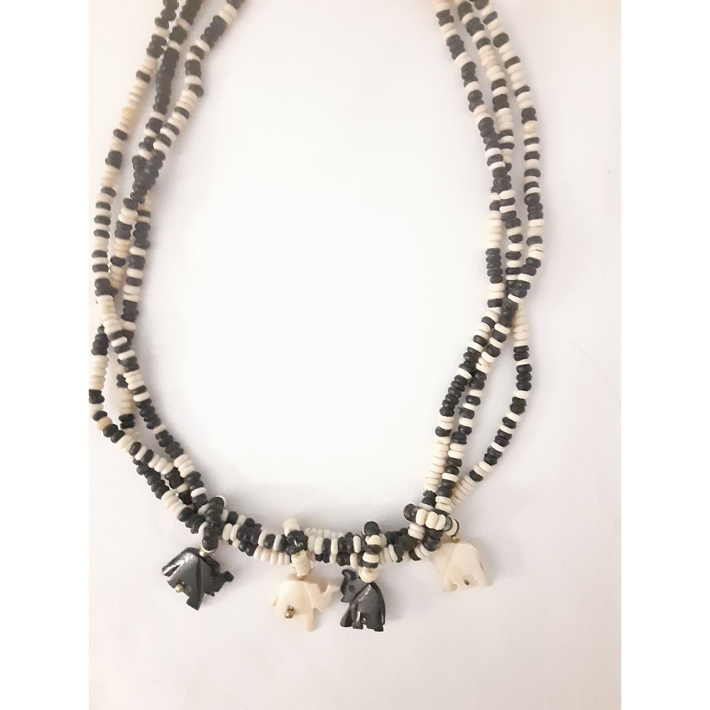 African Black & Ivory Colored Beaded w/Four Elephants  Three Strand Necklace